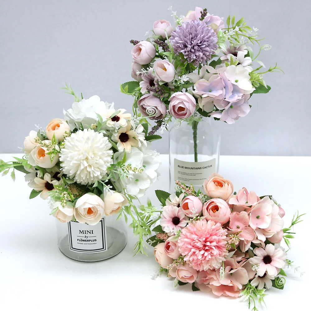 INS style artificial flower mix ball chrysanthemum hydrangea peony rose bouquet for wedding bridal flowers decoration props