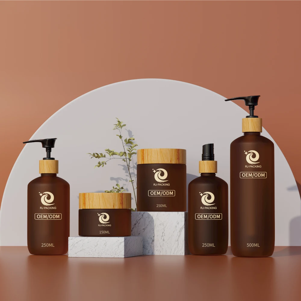 Eco-friendly PET amber frosted bottle set 250ml 500ml plastic lotion pump bottle 8oz 250g body butter cream jar with bamboo lid