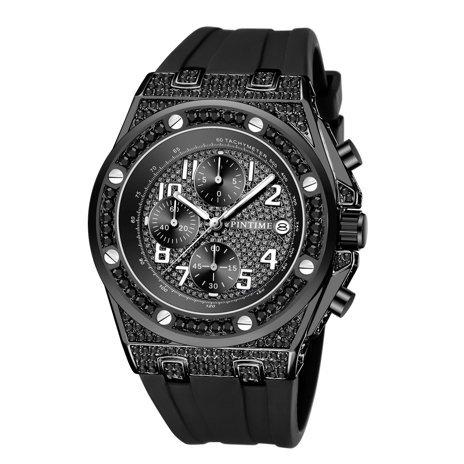 Stainless steel Quartz Diamond watch silicone band 2020 PINTIME Wristwatch Mens Watches Fashion Iced out