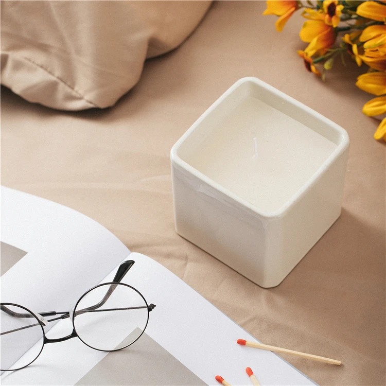 Wholesale cheap bulk custom glossy white candle vessel container empty ceramic square candle jar for candle making