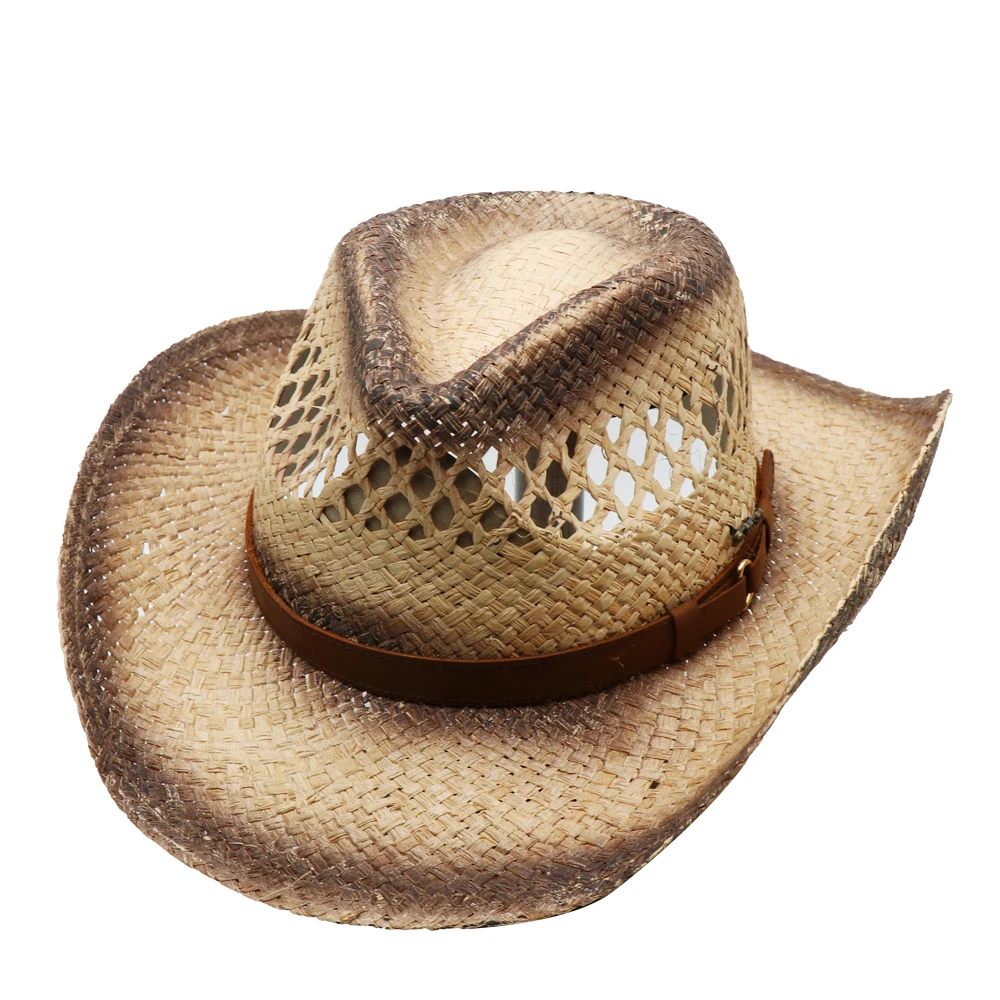 Outdoor Beach Sun Protection Western Style Straw Cowboy Hat Empty Top Straw Hat Visor Hat
