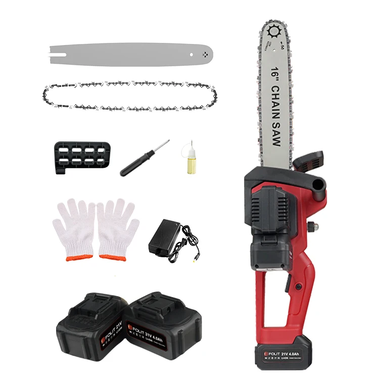 Super power lithium battery operated wood cutting chain saw machine electric cordless 16-inch chainsaw with spare accessories