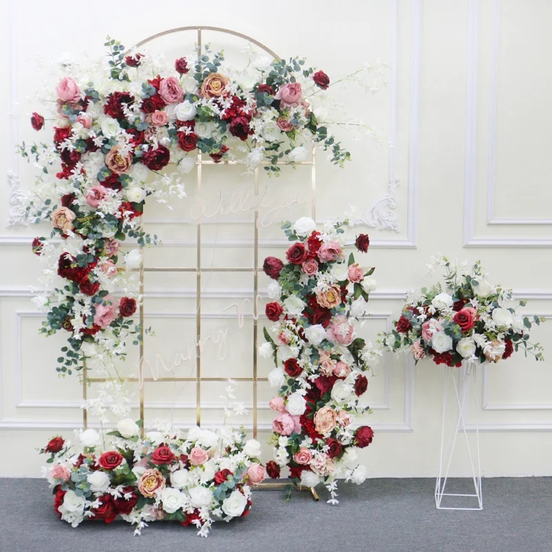Wedding Arch Decor Hang Corner Flower Colorful Rose Eucalyptus Artificial Flower Row Party Stage Backdrop Flowers