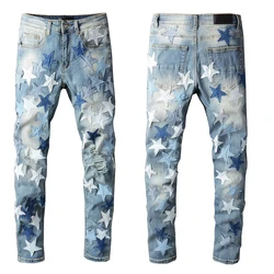 New Style  High Street high quality mens skinny star leather jeans men denim plus size pants & jeans