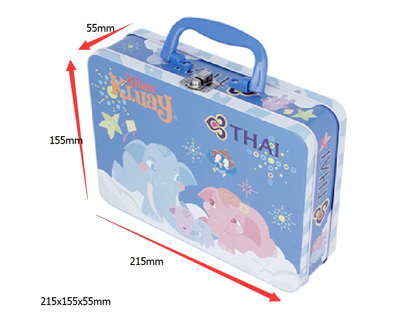 L 250*W 80*Height 180 mm Metal Tin Lunch Box Handle Plastic Cartoon Character Gift Packaging Tin for Toys and Industrial Use