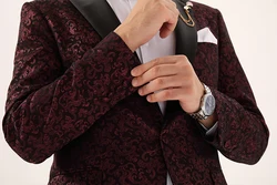 Пиджак мужской с цветочным принтом, модная Банкетная одежда, Узкий блейзер с воротником-шалью, бордовый