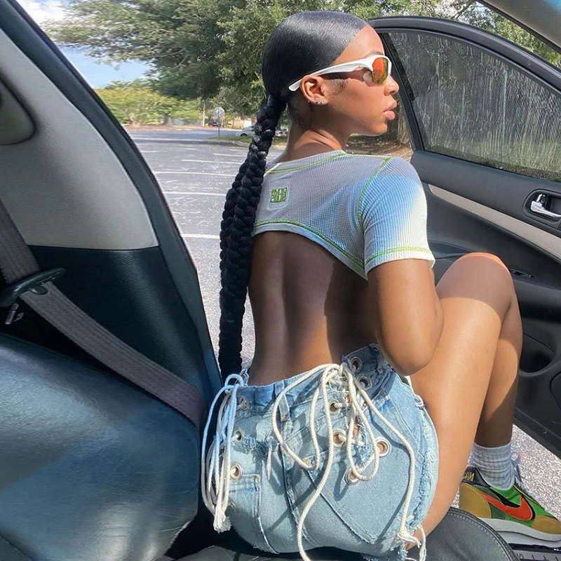 Modern Streetwear Ripped Hole Strap Sexy Tight Bandage Street Trendsetter Casual Denim Shorts