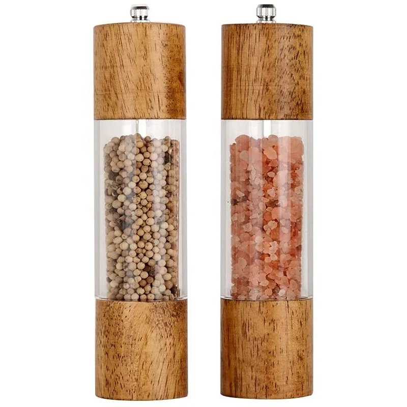 Premium Acrylic Salt and Pepper Grinder Set, Manual Salt and Pepper Mills- Wooden Shakers with Adjustable Ceramic Core-Pack of 2
