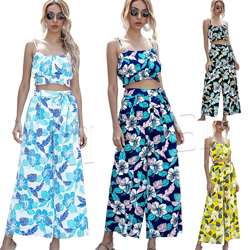 Женский костюм на бретельках, летний костюм в европейском и американском стиле с топом из вискозы и широкими брюками с высокой талией, 2021