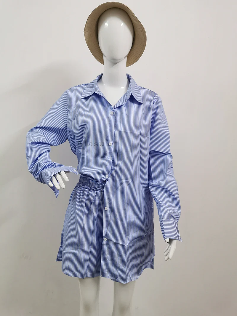 Womens summer 2 piece short striped set women Two pieces long sleeve shirt blouse shorts pants sets clothing 2022