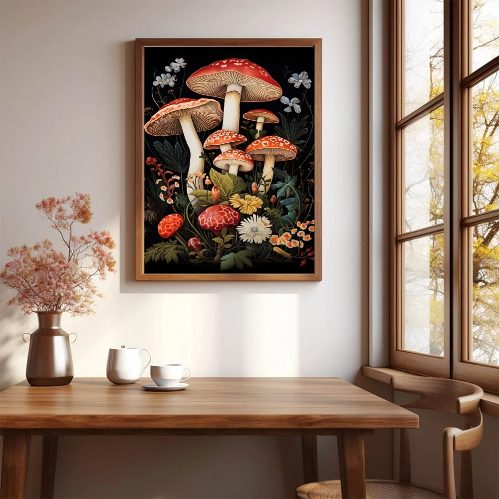Dark Fantasy Nature Wall Decor Preppy Botanical Mushroom Poster Framed in Art Deco Style for Whimsical Dormitory Home Decor