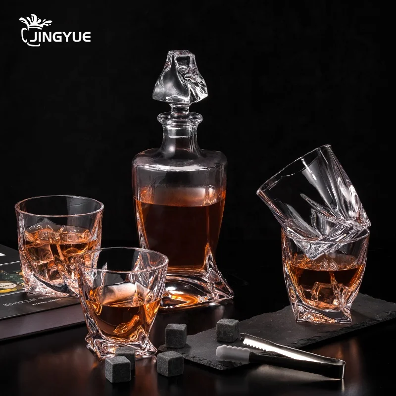 Engraved Twisted Whiskey Glasses  Liquor Decanter Set Luxury With Stones Gift Set Wooden Box