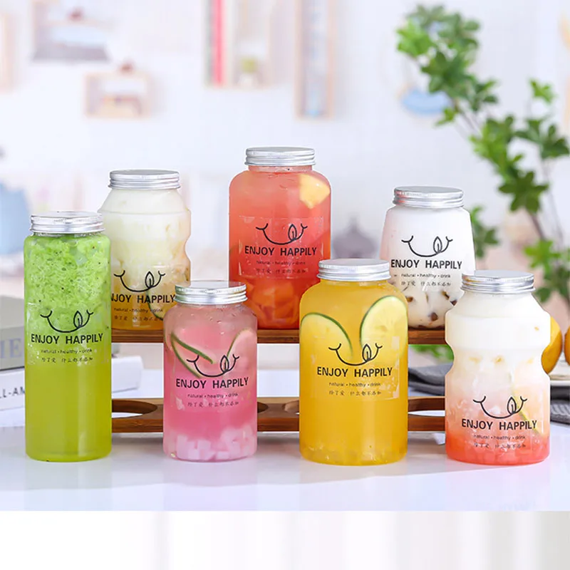 Factory Supply Commercial Packaging Cute Transparent Milk Tea PET Drinking Cups Disposable Fruit Juice Beverage Plastic Bottles