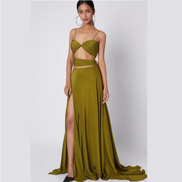 High Quality Factory Custom Olive Green Hollowed Knitting Women Party Dresses Long Evening Dress Elegant Vestidos De Gala
