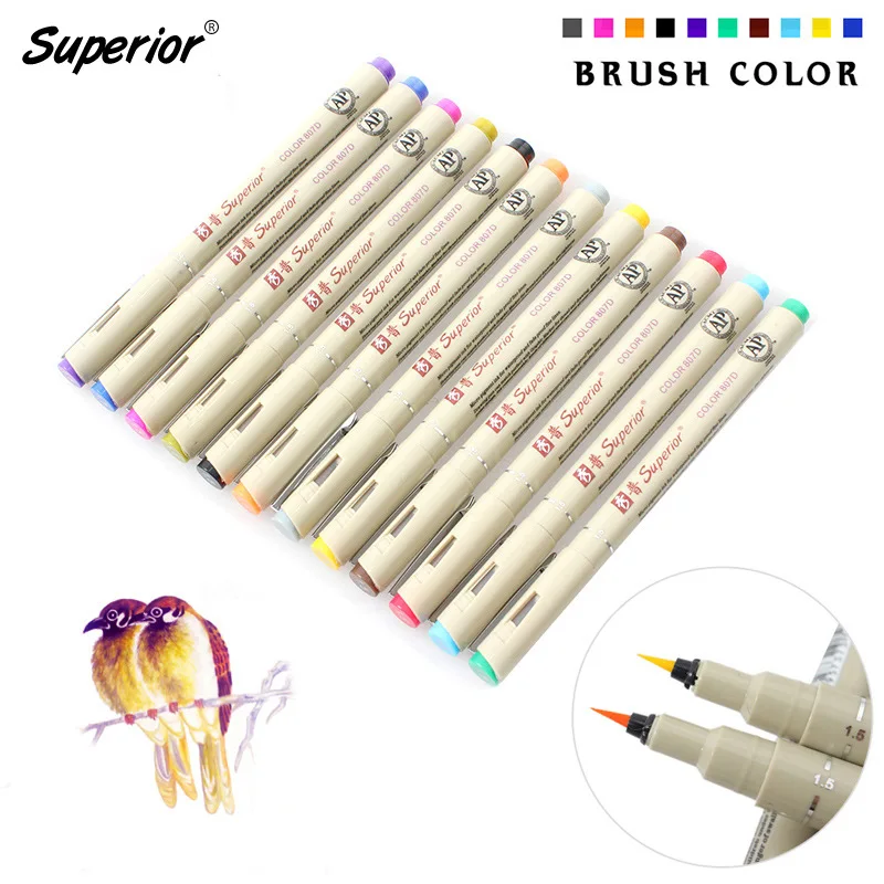 12 Colors Water-based Waterproof Ink Watercolor Brush Pens For Detail Painting