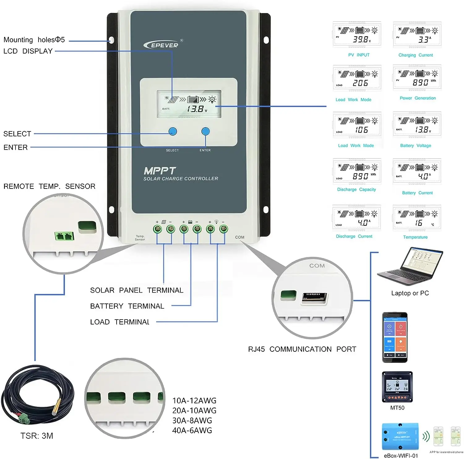 12v 24v off grid system controller Tracer 2206AN pv 60v solar panel charge controller epever 20a mppt solar charge controller
