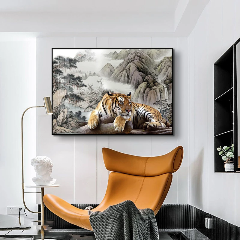Living Room Lion Decorative Painting Animal Mural Bedroom Lion Black and White Wall Art Office Tiger Background Wall Painting