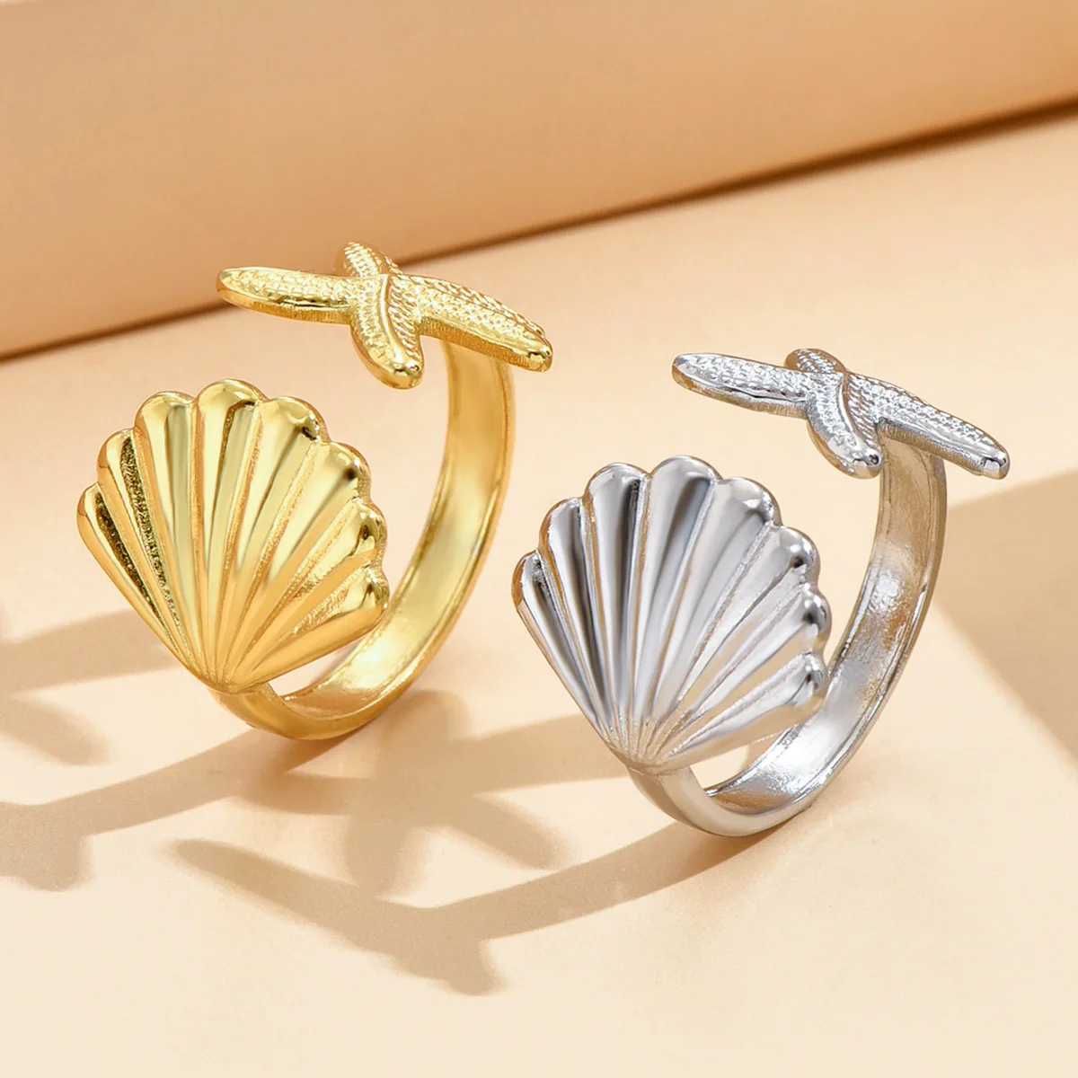 new boho 304 stainless steel sea starfish shell charm between the finger rings jewelry for women waterproof hypoallergenic