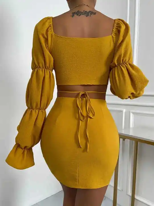 Women Lady Summer Women Summer Solid Colors Long Sleeve Tops Outfits 2 Pieces Skirts Sets Sexy Dress