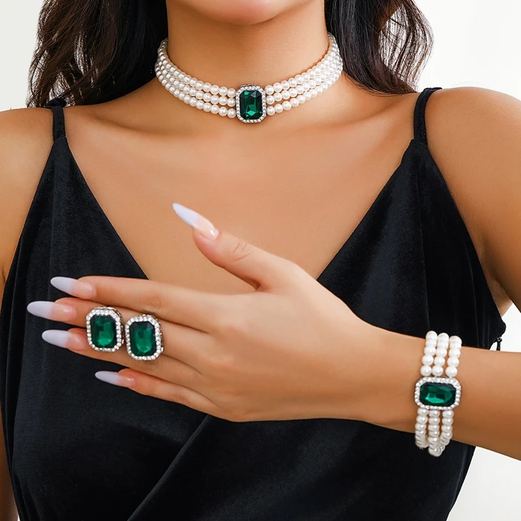 XR-166 Fashion Women Ear Hand Neck Jewelry  Bracelet Earrings And Necklace Crystal Diamond Pearl Jewelry Kit