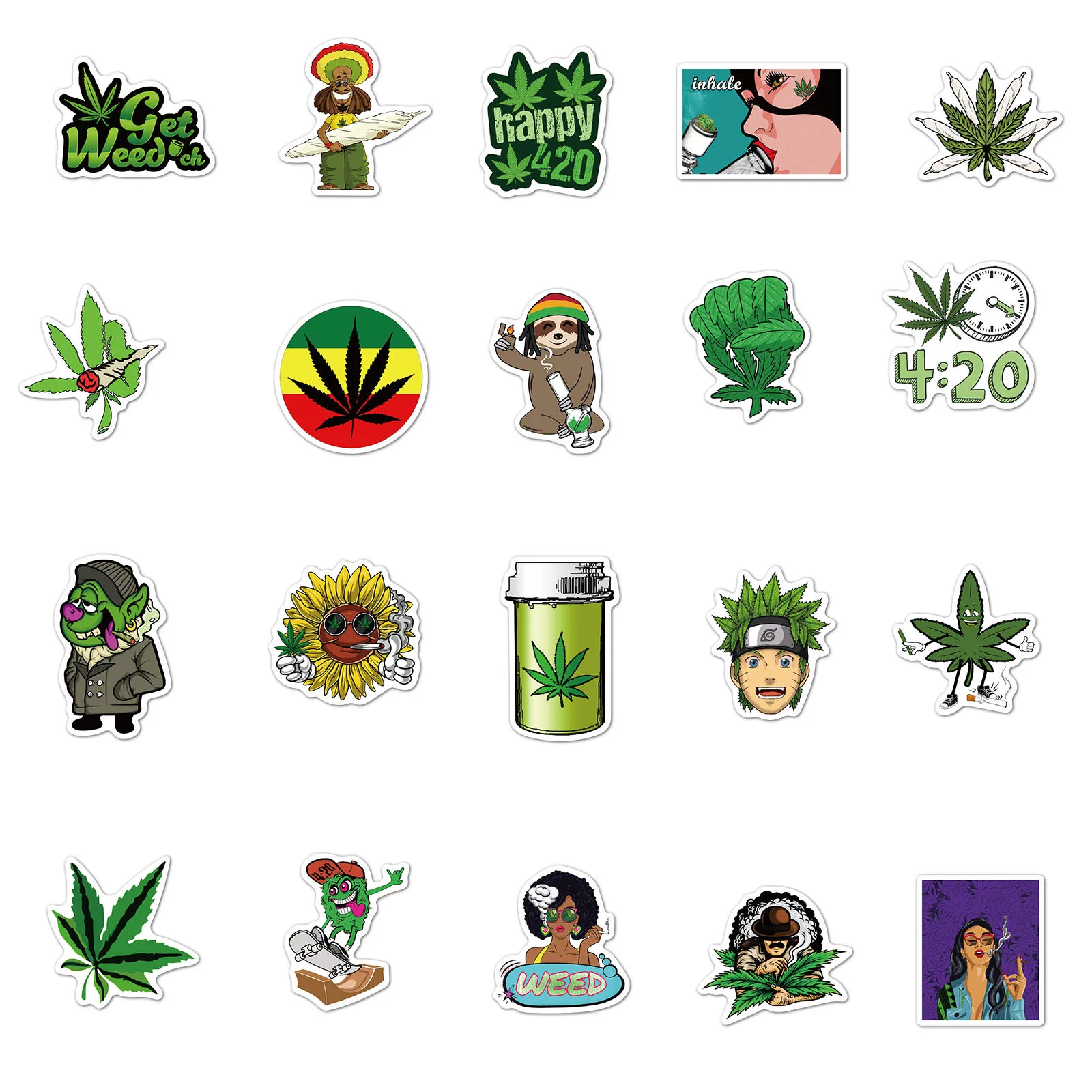 50Pcs Green Spoof Graffiti Weed Stickers For Skateboard Notebook Luggage Motorcycle Laptop Vinyl Smoking Stickers