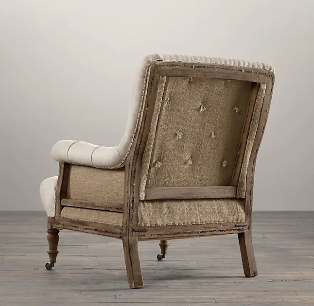 French country style oak wood frame linen upholstery leisure chair retro tufted arm chair wooden furniture for living room