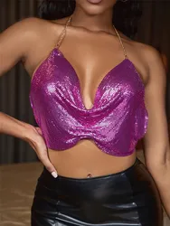 SHIHAN T7286 Drop Shipping Rose Red 2021 hot sale club metallic top women wear Sequin Camisole backless patchwork