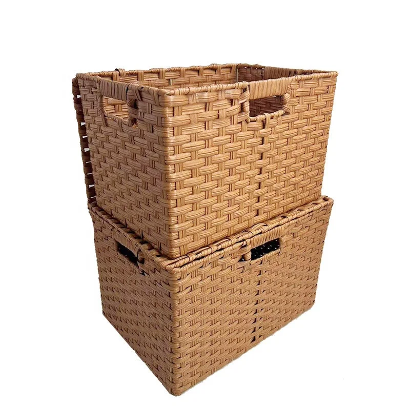 large size plastic handwoven rectangular storage basket with cover lid