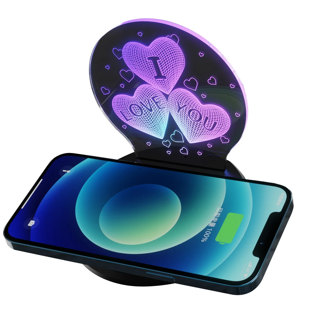 New Custom Pattern Promotion 3D Art 7 Colors RGB LED Light 15W Qi Fast Multi Wireless Charger Pad Phone Holder With Night Light