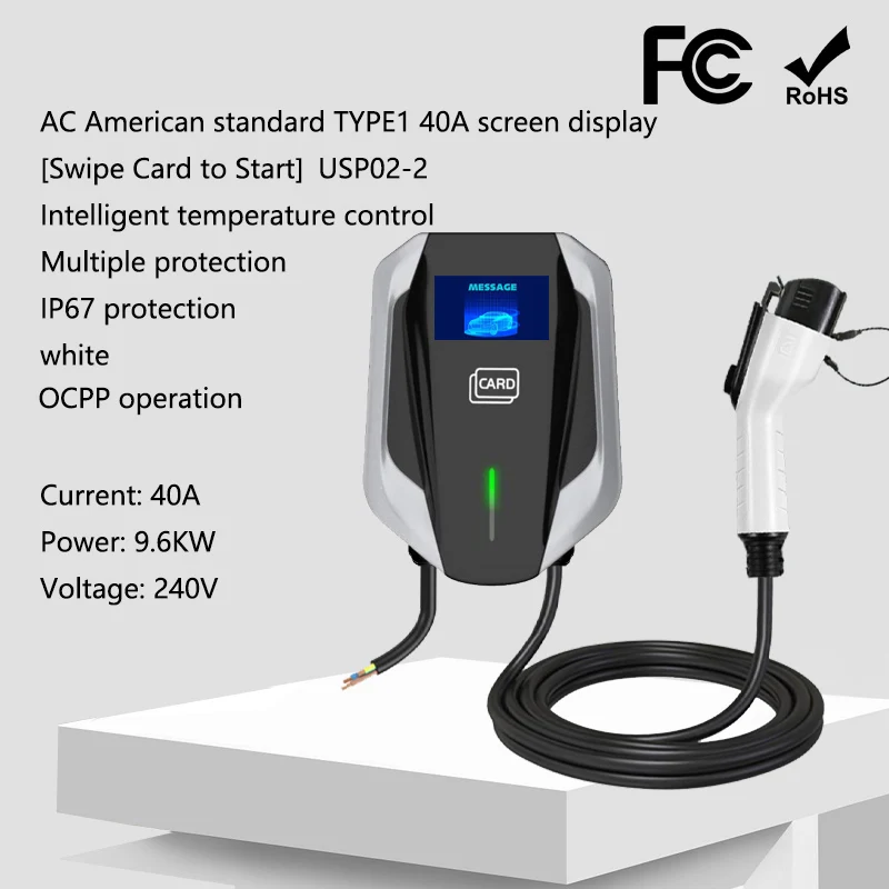 ZR-USP02-2 40A Type1 AC 9.6KW ev charger charging station display screen 4G or WiFi swipe the card to start for electric car