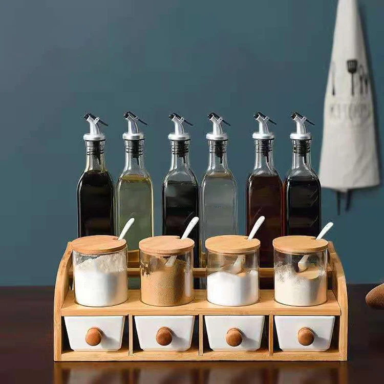 online hot sale Counter-top Bottle Display Holder Multi-functional bamboo and wood spice rack, two-tier kitchen shelf