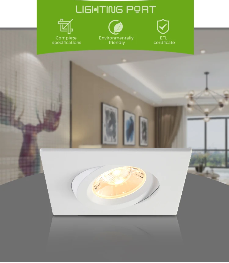 ETL Square 3 Inch COB Recessed Lighting 7W White Fixtures Gimbal Trim Led Downlight CRI90 with Junction Box for Wet Location