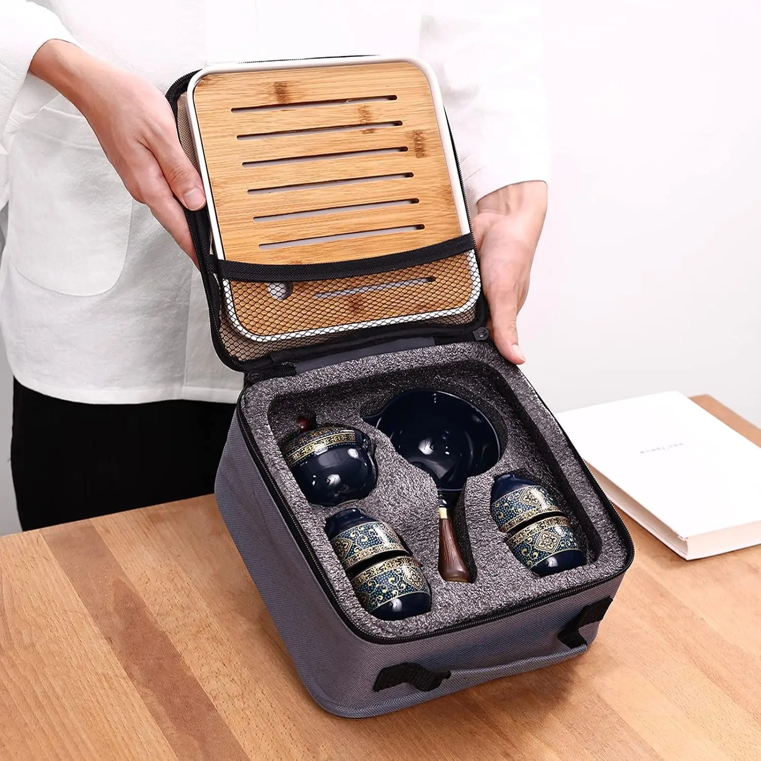 Porcelain Chinese Travel Gongfu Tea Set,Portable Teapot Set with 360 Rotation Tea maker and Infuser All in One Gift Bag