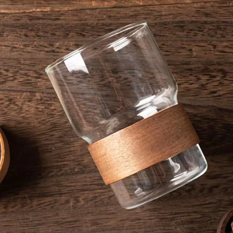 Insulated Ear Hanging Coffee Iced American Latte High Aesthetic Advanced Glass Tea Household Wooden Chip Insulated Tea Cup