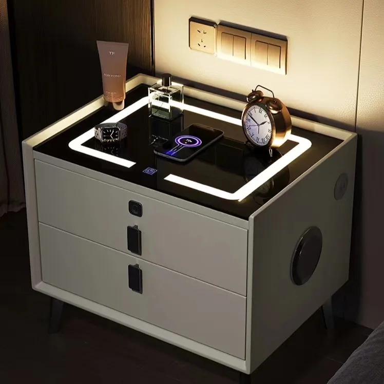 Contemporary Smart Bedside Table with Digital Clock and Alarm Features