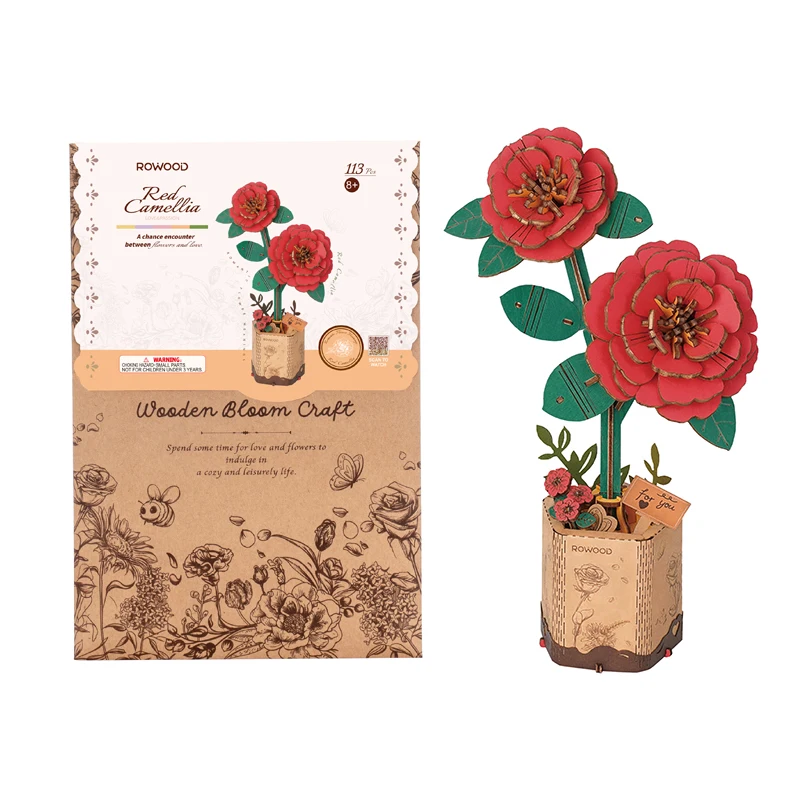 Robotime US Warehouse Wooden Bloom Craft Desktop Decoration TW031 DIY 3D Wood Red Camellia Kids Puzzles