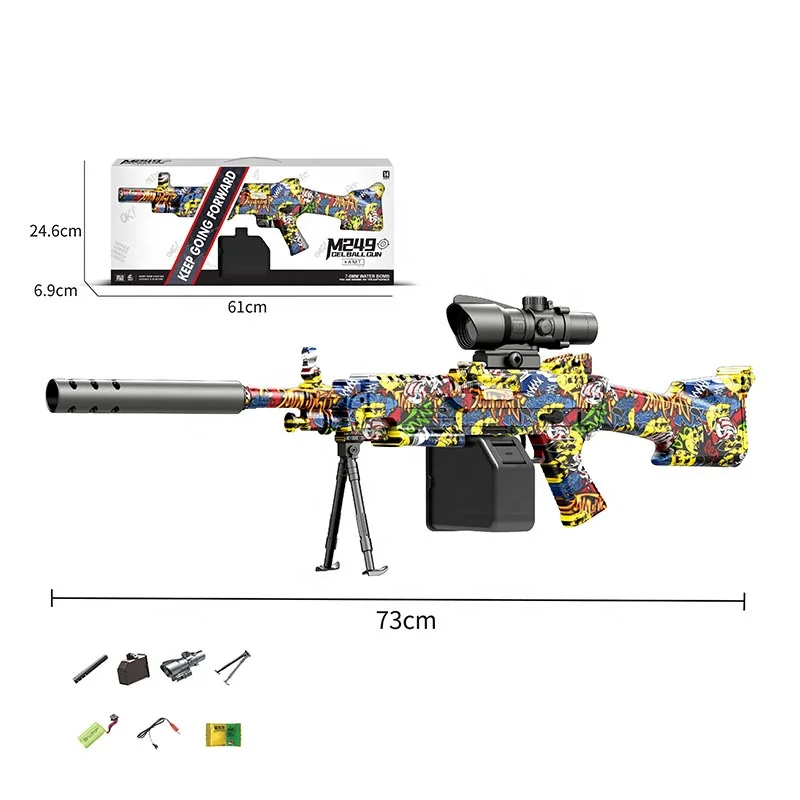 Color Paint Mini M249 Kids Automatic Splatter Gel Ball Blaster Splatter Toy Gun With Water Bomb Shooting Bullets