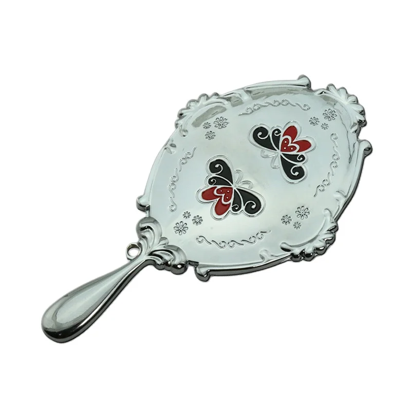 Factory custom logo handle mirrors zinc alloy metal custom pattern oval pocket portable cosmetic mirrors