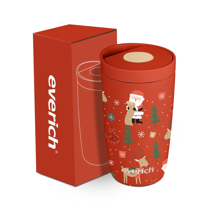 Christmas Style Portable Leak Proof Thermo Coffee Mug Vacuum Stainless Steel Button Lid Coffee Mug 12 Ounce