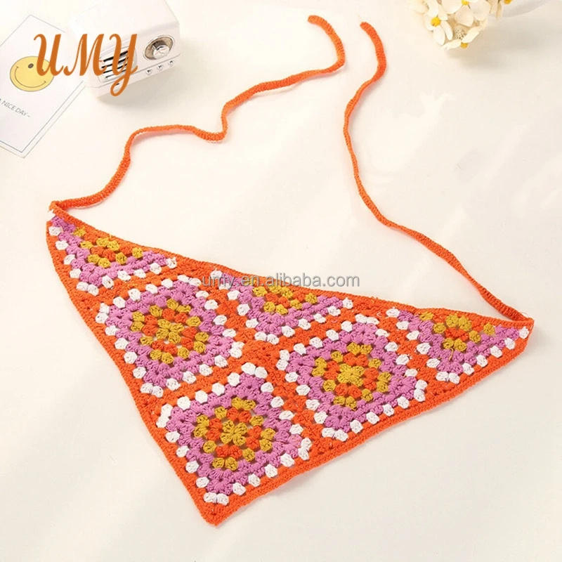 Hippie Headbands Women Cotton Handmade Bandana Granny Square Crochet Headscarf