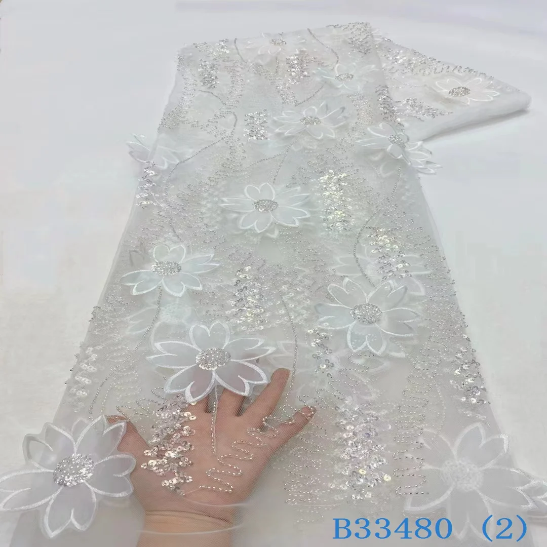 High Quality Premium Lace Fabric 3D Flower Lace with Beads and Pearls Mesh 3D Lace with High End embellishments