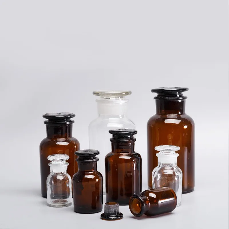 30ml 60ml 125ml 250ml 500ml Amber Glass Laboratory Pharmacy Apothecary Jar Reagent Bottle With PP Stopper