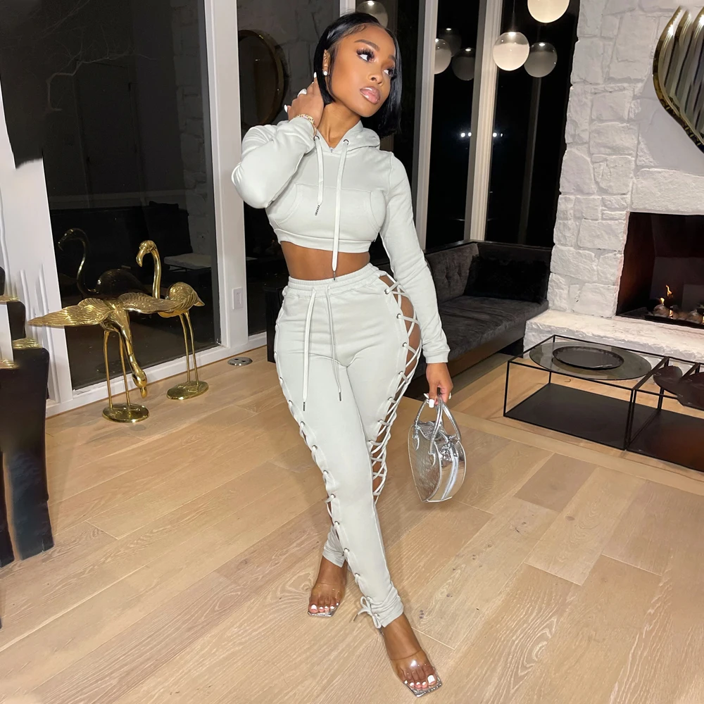  2021 winter fall two piece hooded long sleeve crop top sweater set hollow out eyelet bandage sexy women autumn outfits