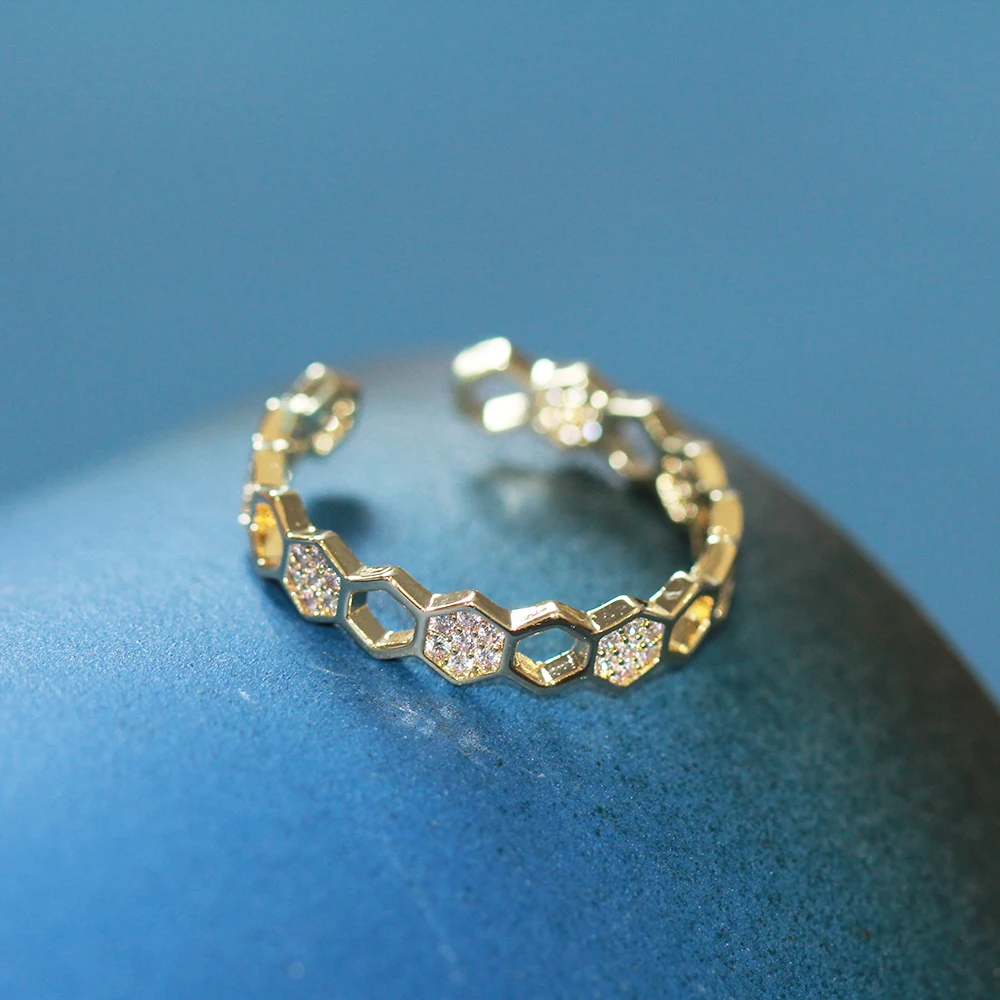  YANYI Delicate Diamond Set Honeycomb Ring With Polygonal Opening Adjustable