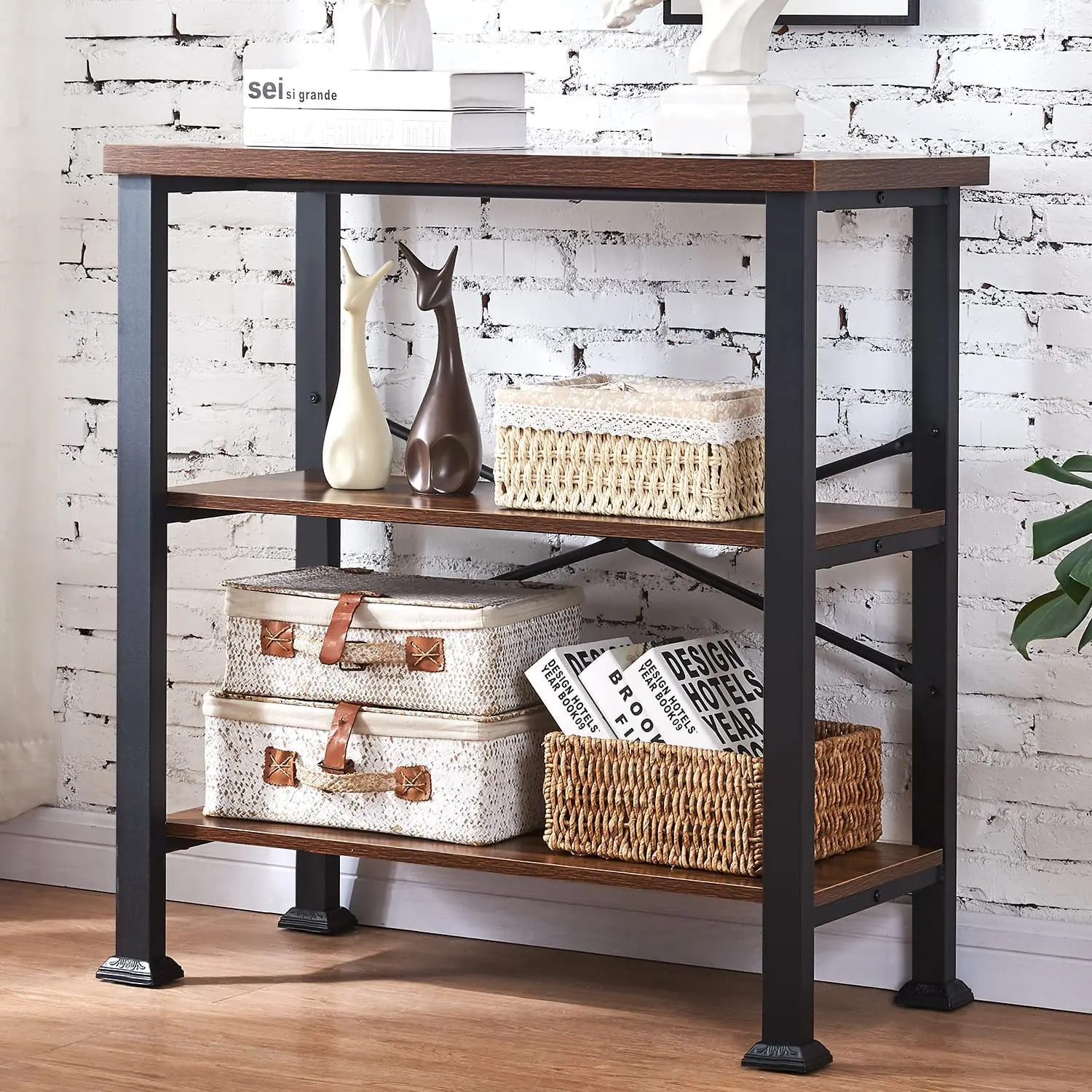 3-Tier Vintage Industrial Rustic Wood and Metal Bookcase Free Standing Storage Bookshelf