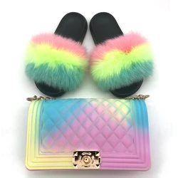 Fashion Outdoor Soft Real fluffy Flip Flops Home Sets Sandals 2019 Fur Slides And Matching Purses Slippers Women Fur Slides