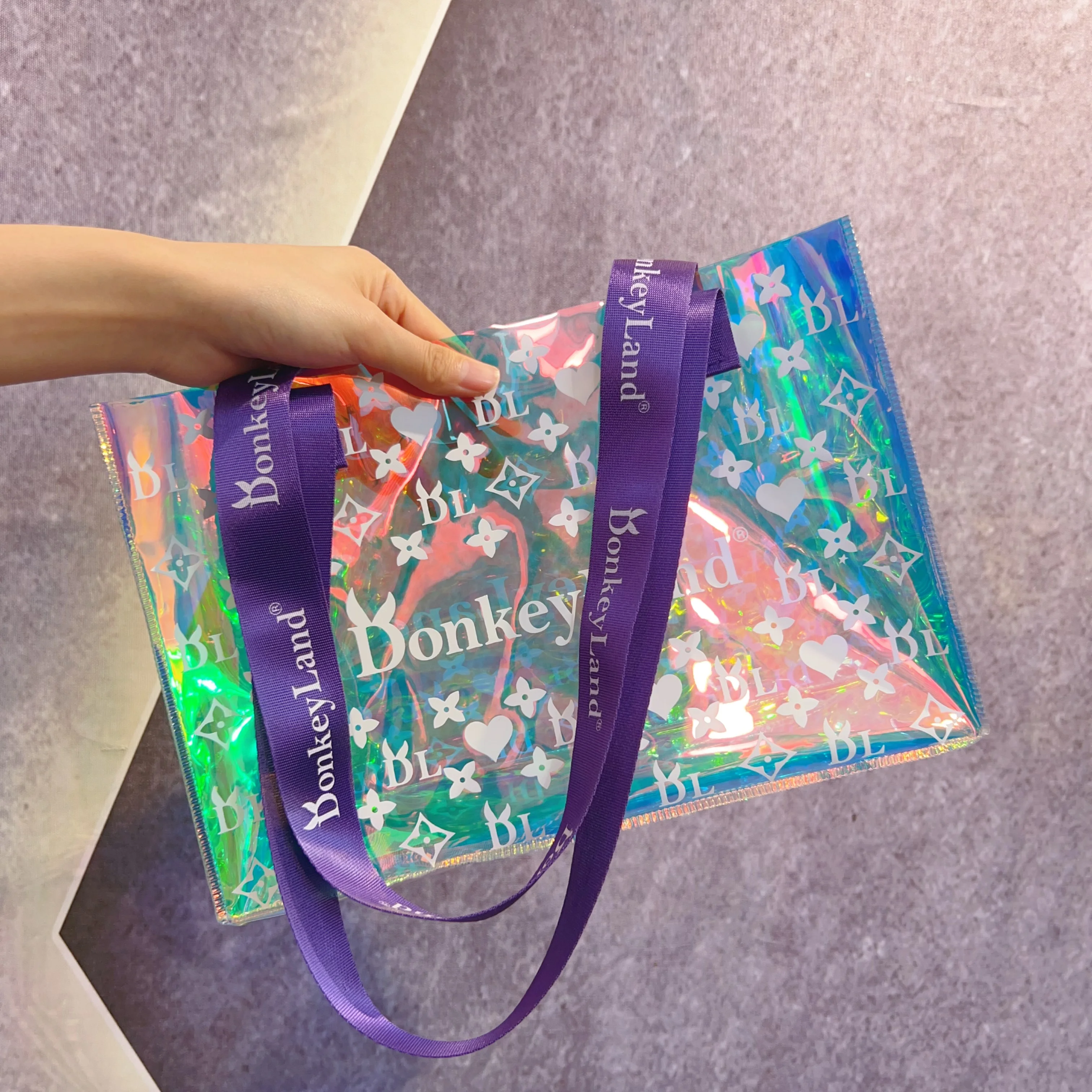 Custom Holographic PVC Women Cosmetic Handbags Transparent Beach Shopping Bag with ribbon handle