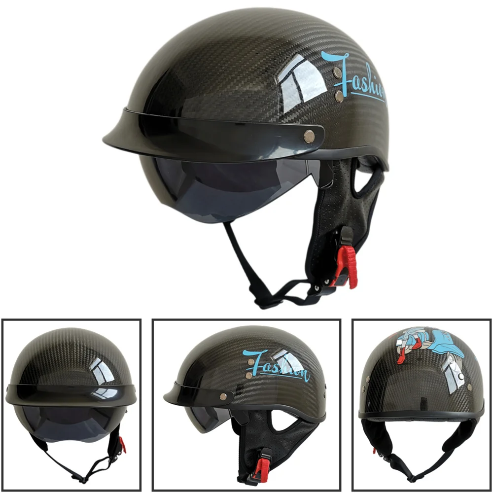 DOT Certificated Carbon Fiber Scooter Motorcycle Half Face Helmet Skull Vintage Half Motobike Helmet with Inner Visor and Scarf