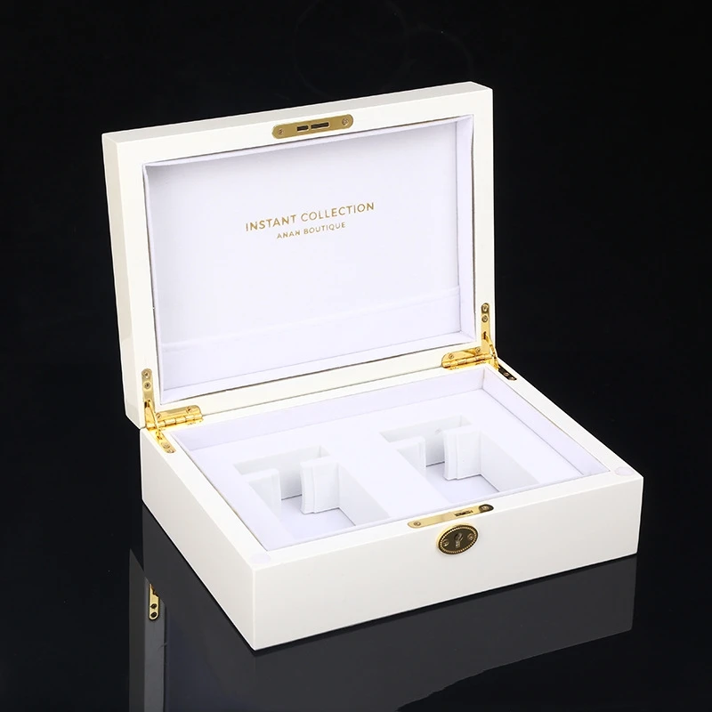 Customized cosmetics and perfume simple high-end white painted wooden packaging gift box with key
