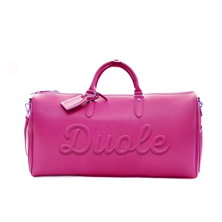 Custom Printed Logo Blue Large Vegan Leather Crossbody Duffle Bags Unisex Weekender Luggage Travel Bags